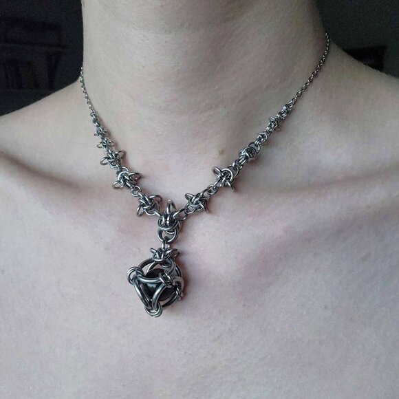 Gothic silver thorns & onyx pearl choker necklace - Picture 1 of 8